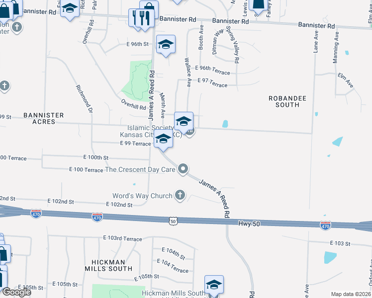map of restaurants, bars, coffee shops, grocery stores, and more near 8505 East 99 Street in Kansas City