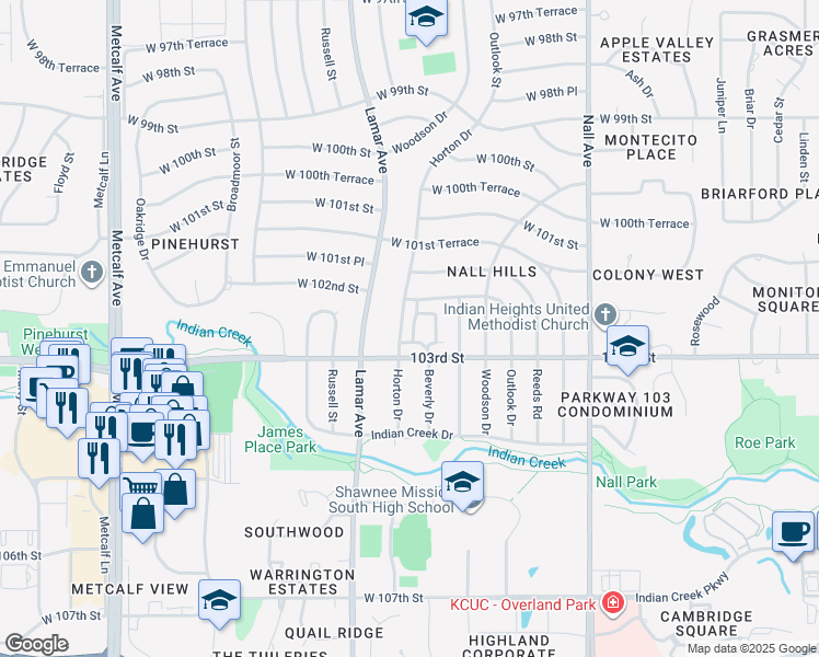 map of restaurants, bars, coffee shops, grocery stores, and more near 10220 Beverly Drive in Overland Park