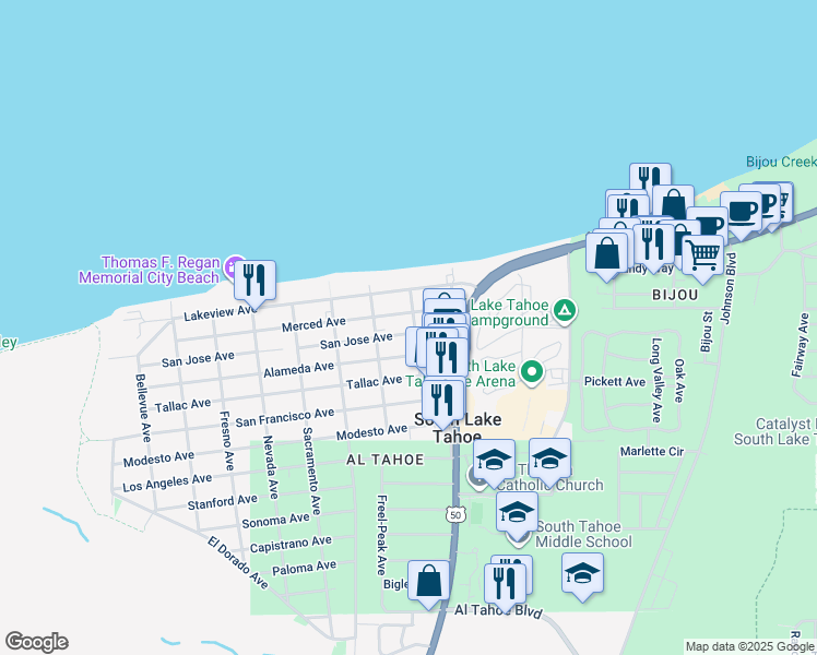 map of restaurants, bars, coffee shops, grocery stores, and more near 957 San Jose Avenue in South Lake Tahoe