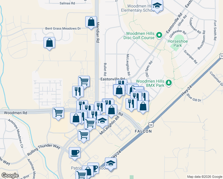 map of restaurants, bars, coffee shops, grocery stores, and more near 7616 Sniktau Point in Peyton