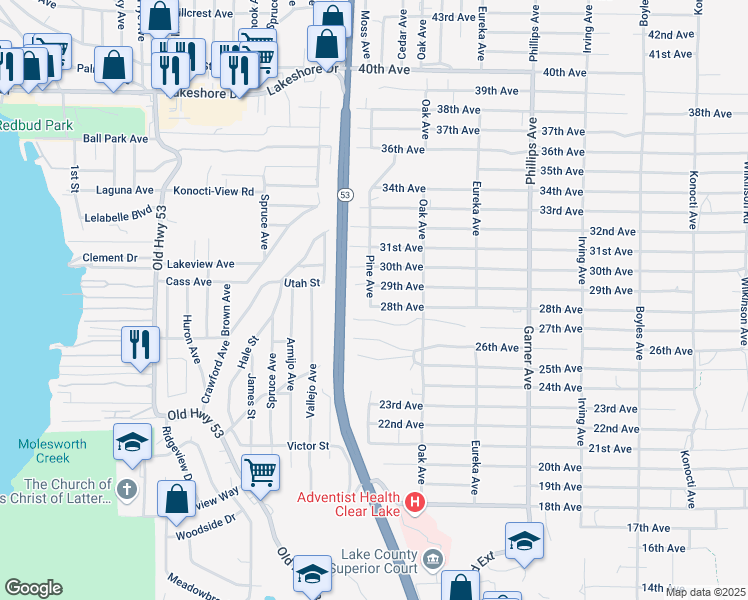 map of restaurants, bars, coffee shops, grocery stores, and more near 15566 28th Avenue in Clearlake