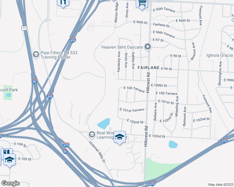 map of restaurants, bars, coffee shops, grocery stores, and more near 10006 Hardesty Avenue in Kansas City