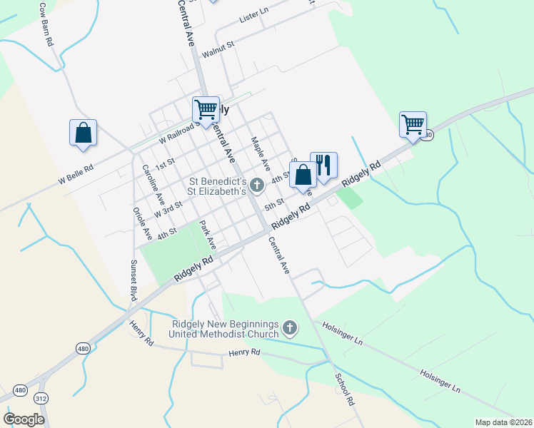 map of restaurants, bars, coffee shops, grocery stores, and more near 7 6th Street in Ridgely