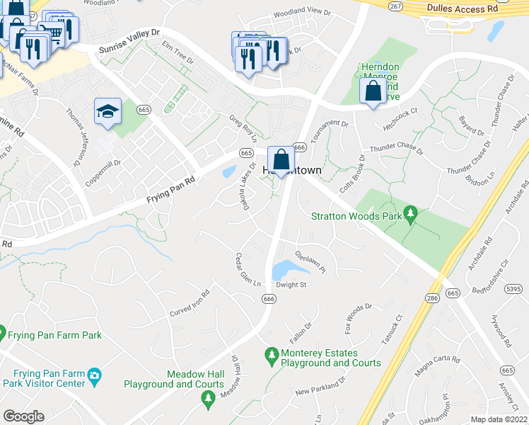 map of restaurants, bars, coffee shops, grocery stores, and more near 12995 Azalea Woods Way in Herndon