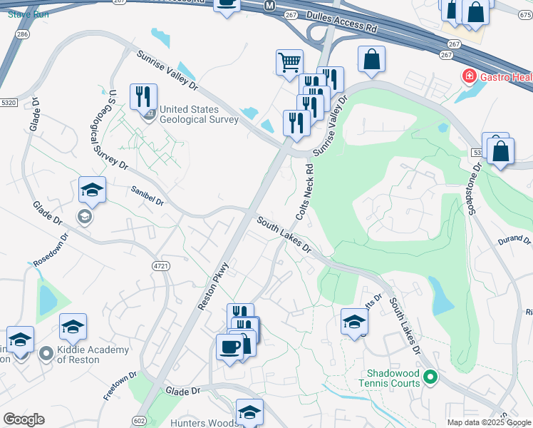 map of restaurants, bars, coffee shops, grocery stores, and more near 2063 Royal Fern Court in Reston