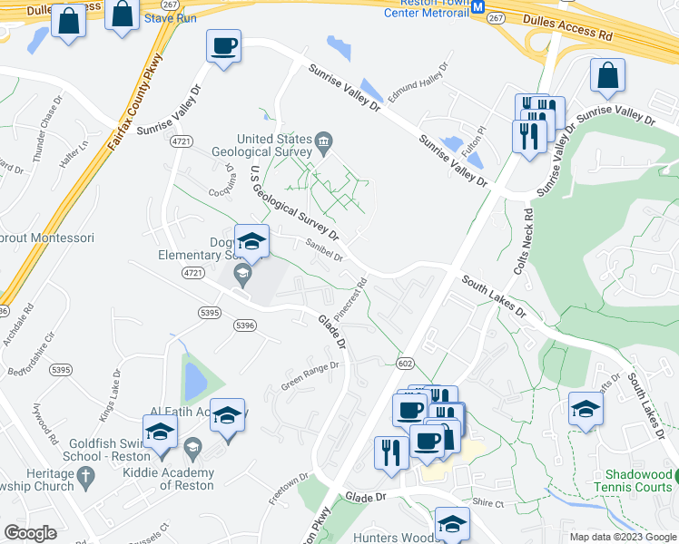map of restaurants, bars, coffee shops, grocery stores, and more near 12154 Captiva Court in Reston
