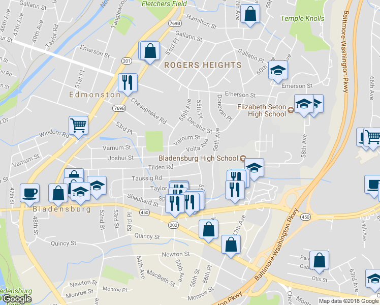 map of restaurants, bars, coffee shops, grocery stores, and more near 5515 Volta Ave in Bladensburg