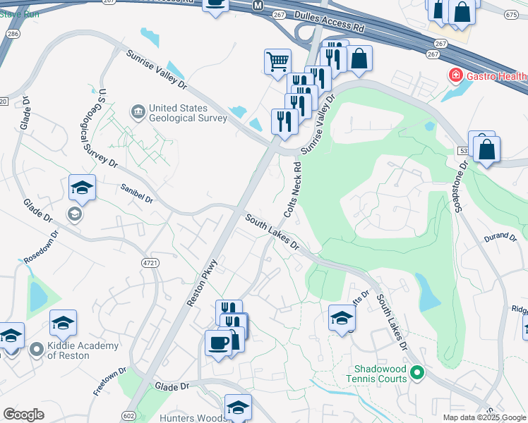 map of restaurants, bars, coffee shops, grocery stores, and more near 2051 Royal Fern Court in Reston