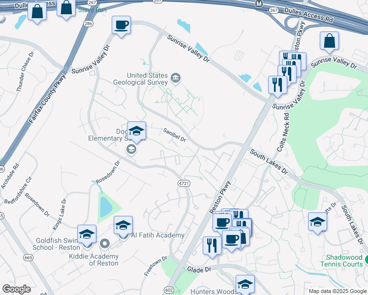 map of restaurants, bars, coffee shops, grocery stores, and more near 12154 Captiva Court in Reston