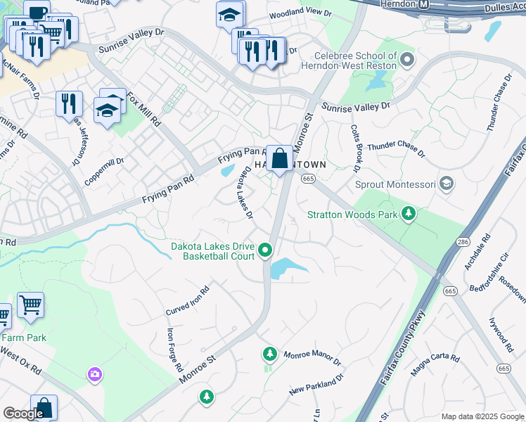 map of restaurants, bars, coffee shops, grocery stores, and more near 12995 Azalea Woods Way in Herndon