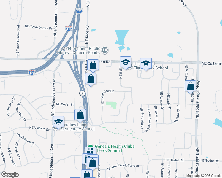 map of restaurants, bars, coffee shops, grocery stores, and more near 1732 Northeast Ridgeview Drive in Lee's Summit