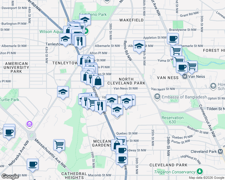 map of restaurants, bars, coffee shops, grocery stores, and more near 4117 38th Street Northwest in Washington
