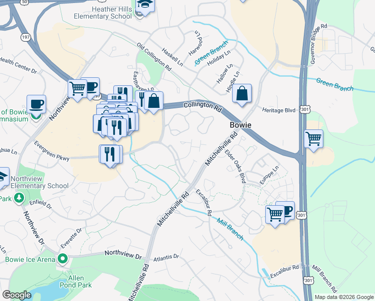 map of restaurants, bars, coffee shops, grocery stores, and more near 3926 Elite Street in Bowie
