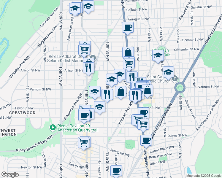 map of restaurants, bars, coffee shops, grocery stores, and more near 4301 13th Street Northwest in Washington