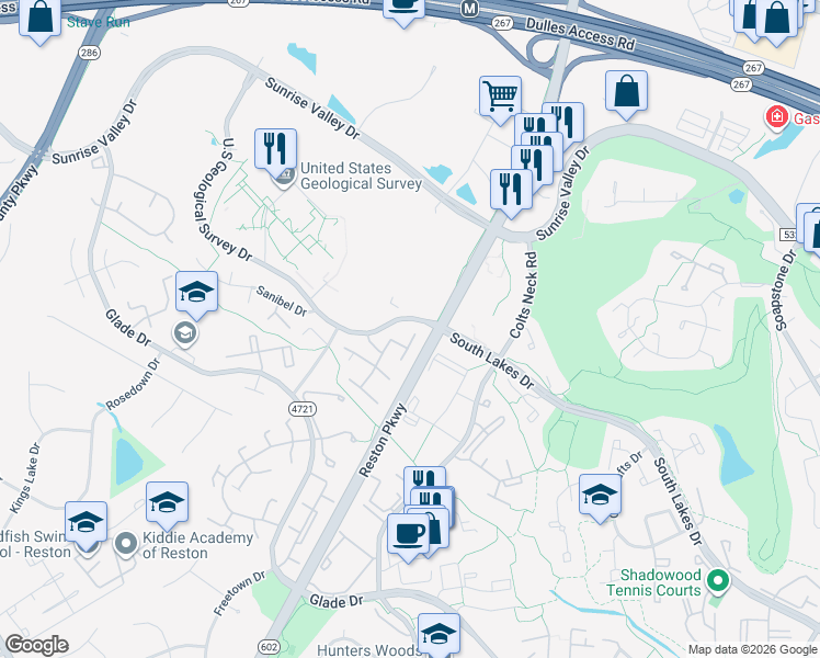 map of restaurants, bars, coffee shops, grocery stores, and more near 2214 Southgate Square in Reston