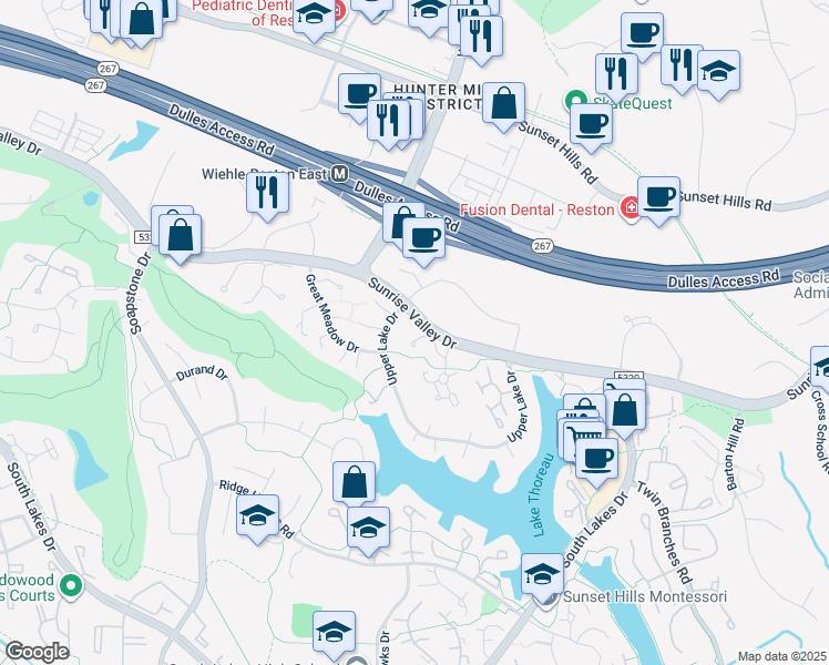 map of restaurants, bars, coffee shops, grocery stores, and more near 11328 Headlands Court in Reston