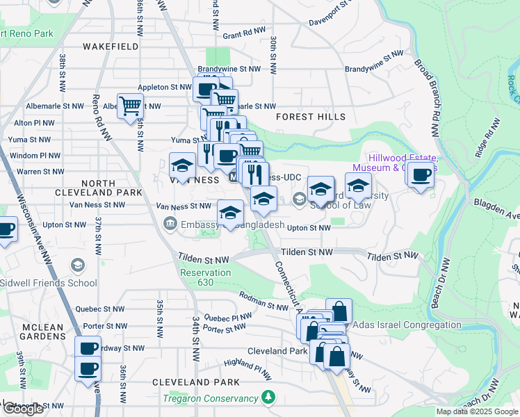 map of restaurants, bars, coffee shops, grocery stores, and more near 4123 Connecticut Avenue Northwest in Washington