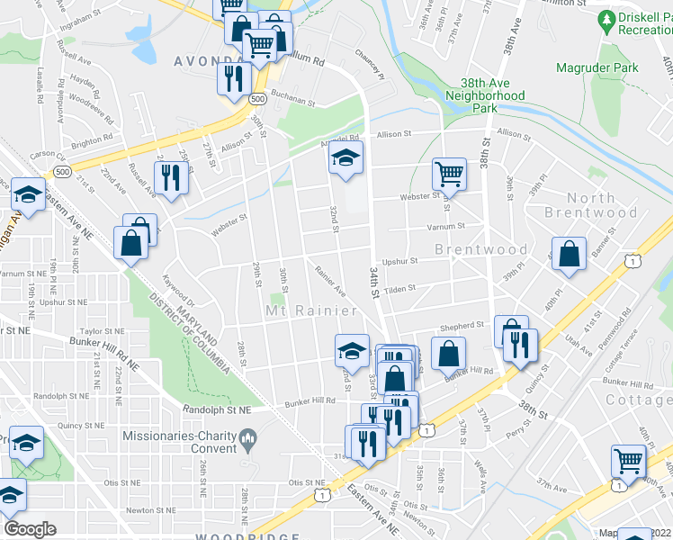 map of restaurants, bars, coffee shops, grocery stores, and more near 4208 32nd Street in Mount Rainier