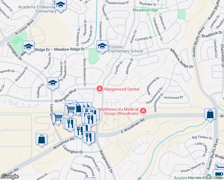map of restaurants, bars, coffee shops, grocery stores, and more near 7535 Conifer Drive in Colorado Springs