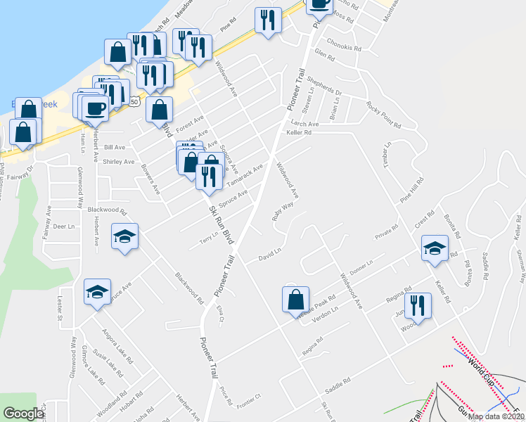 map of restaurants, bars, coffee shops, grocery stores, and more near 3628 Pioneer Trail in South Lake Tahoe
