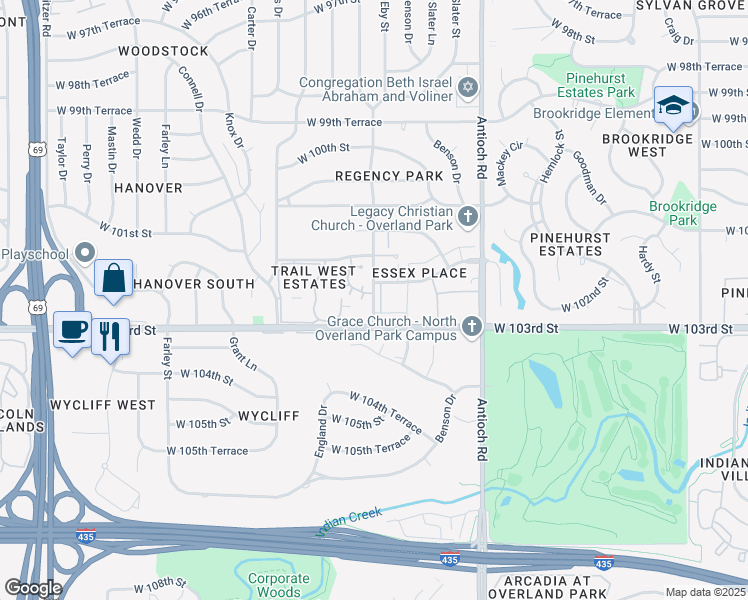map of restaurants, bars, coffee shops, grocery stores, and more near 10255 Eby Court in Overland Park