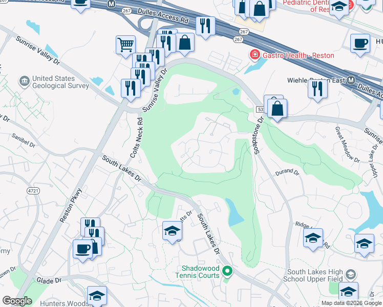 map of restaurants, bars, coffee shops, grocery stores, and more near 2143 Golf Course Drive in Reston