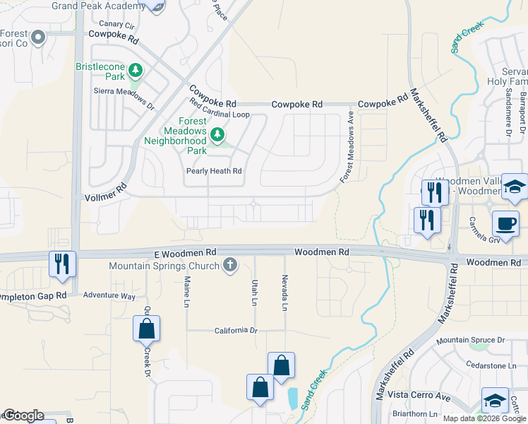 map of restaurants, bars, coffee shops, grocery stores, and more near 7677 Conifer Cone Grove in Colorado Springs