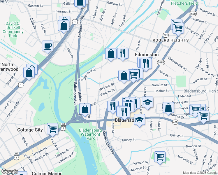 map of restaurants, bars, coffee shops, grocery stores, and more near 4807 Webster Street in Bladensburg