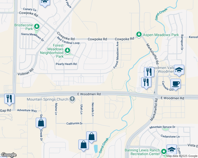 map of restaurants, bars, coffee shops, grocery stores, and more near Forrest Meadows Avenue in Colorado Springs