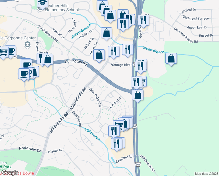 map of restaurants, bars, coffee shops, grocery stores, and more near 3933 Elan Court in Bowie