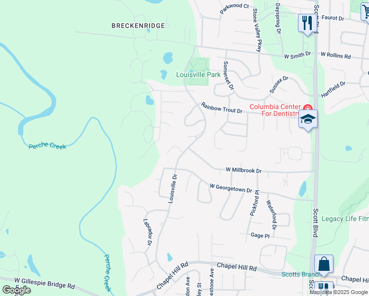 map of restaurants, bars, coffee shops, grocery stores, and more near 1393 Louisville Drive in Columbia