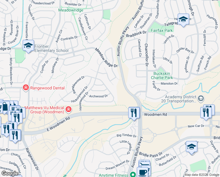 map of restaurants, bars, coffee shops, grocery stores, and more near 4645 Ramblewood Drive in Colorado Springs