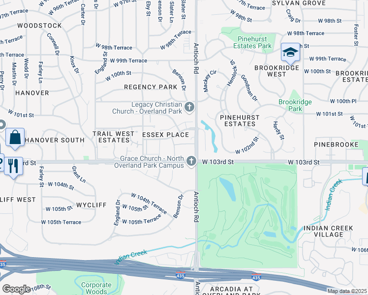 map of restaurants, bars, coffee shops, grocery stores, and more near 8900 West 102nd Terrace in Overland Park