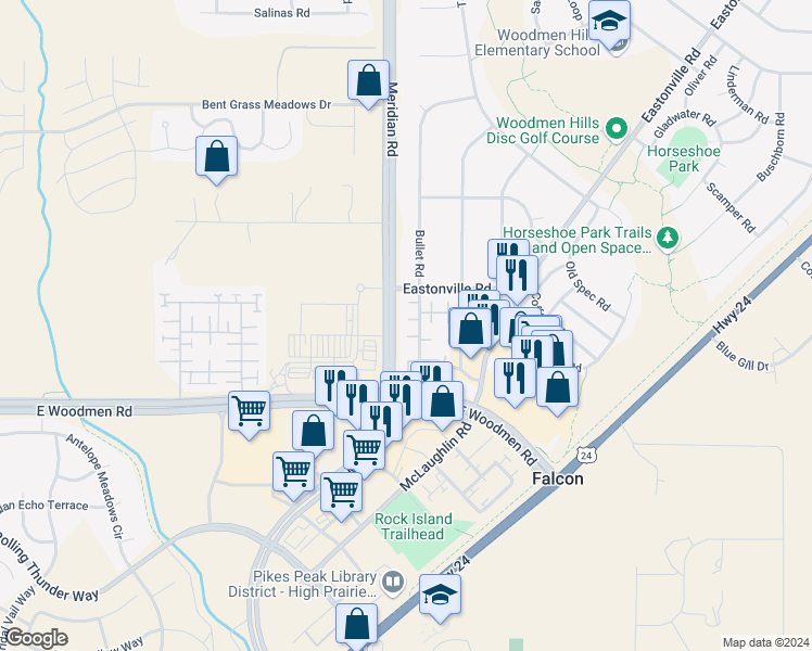 map of restaurants, bars, coffee shops, grocery stores, and more near 11819 Asplund Grove in Peyton