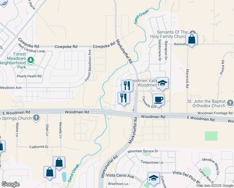 map of restaurants, bars, coffee shops, grocery stores, and more near 7540 Johnsontown Heights in Colorado Springs