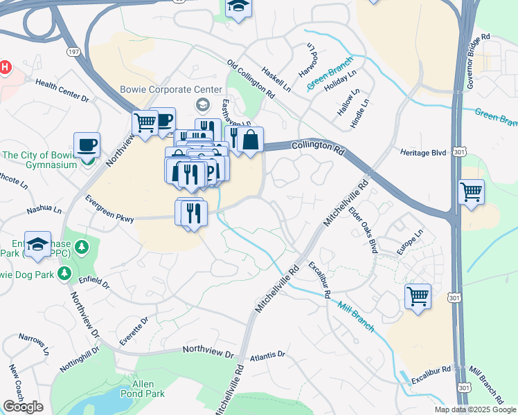 map of restaurants, bars, coffee shops, grocery stores, and more near 15901 Excalibur Road in Bowie