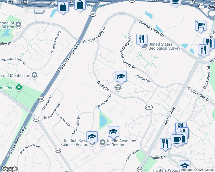 map of restaurants, bars, coffee shops, grocery stores, and more near 2297 White Cornus Lane in Reston