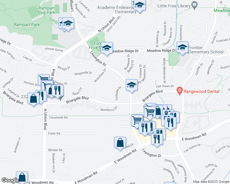 map of restaurants, bars, coffee shops, grocery stores, and more near 7650 Vallhalla Drive in Colorado Springs