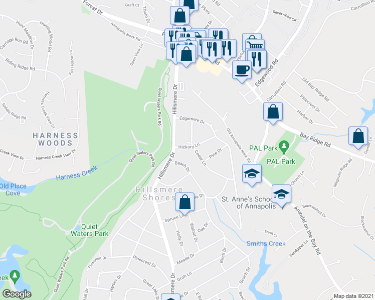 map of restaurants, bars, coffee shops, grocery stores, and more near 105 Hickory Lane in Annapolis