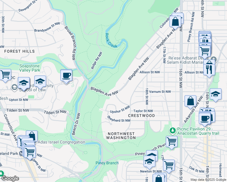 map of restaurants, bars, coffee shops, grocery stores, and more near 4218 Blagden Avenue Northwest in Washington