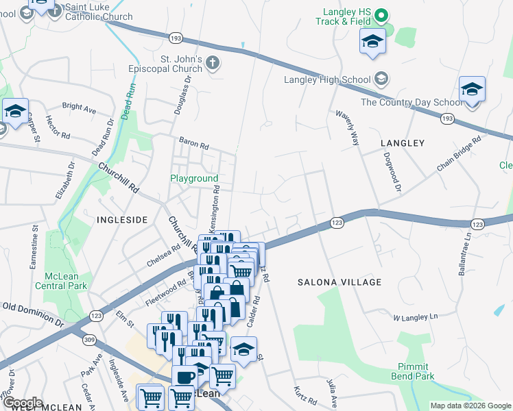 map of restaurants, bars, coffee shops, grocery stores, and more near 6632 Langdon Court in McLean
