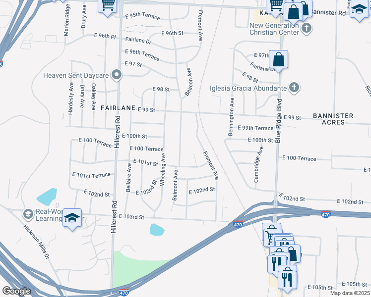 map of restaurants, bars, coffee shops, grocery stores, and more near 10007 Belmont Avenue in Kansas City