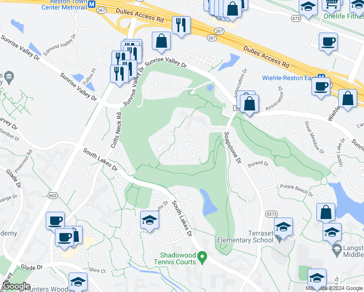 map of restaurants, bars, coffee shops, grocery stores, and more near 2030 Golf Course Drive in Reston