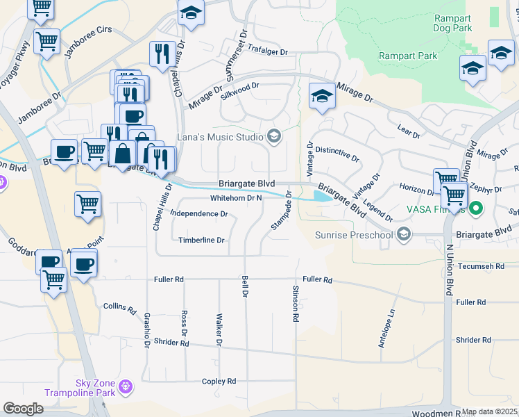 map of restaurants, bars, coffee shops, grocery stores, and more near 7684 Bell Dr in Colorado Springs