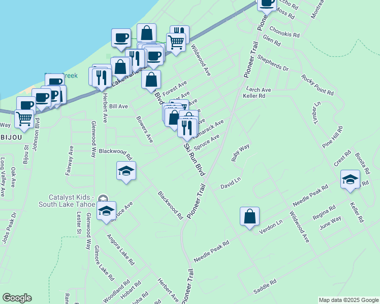 map of restaurants, bars, coffee shops, grocery stores, and more near Ski Run Blvd & Spruce Ave in South Lake Tahoe