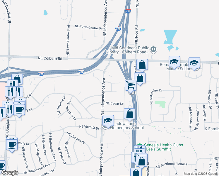 map of restaurants, bars, coffee shops, grocery stores, and more near 1704 Northeast Balboa Street in Lee's Summit