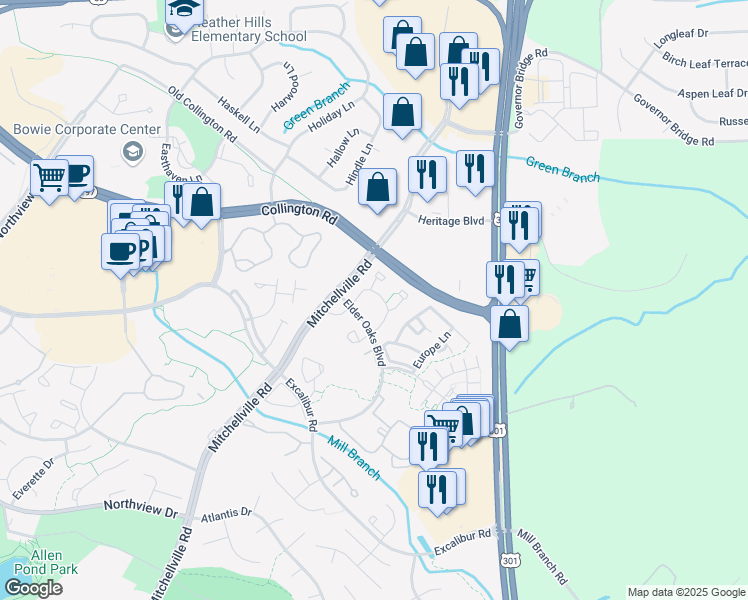 map of restaurants, bars, coffee shops, grocery stores, and more near 16311 Ellipse Terrace in Bowie