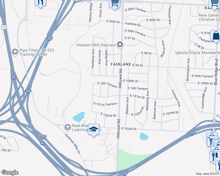 map of restaurants, bars, coffee shops, grocery stores, and more near 10003 Oakley Avenue in Kansas City