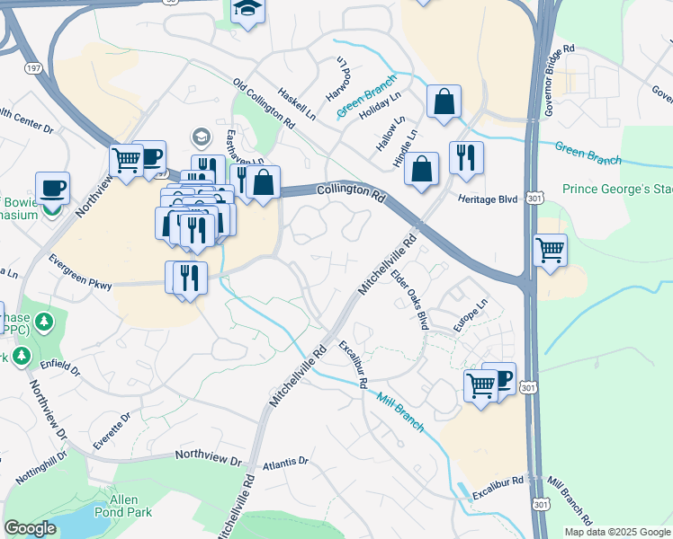 map of restaurants, bars, coffee shops, grocery stores, and more near 16007 Elegant Court in Bowie