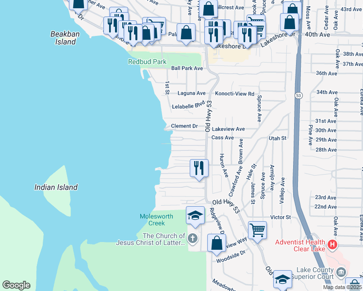 map of restaurants, bars, coffee shops, grocery stores, and more near 5575 Old Highway 53 in Clearlake